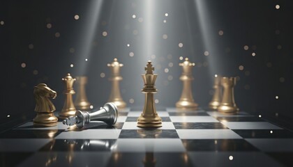Strategic Victory Golden King Stands Tall Amidst Fallen Opponent on Chessboard