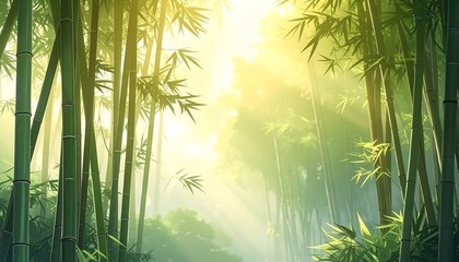 Lush bamboo forest bathed in sunlight, with beams of light streaming through the canopy. Creates an ethereal, serene, and calming atmosphere