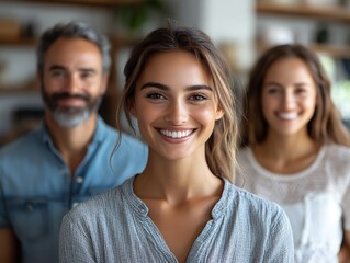 Fototapeta premium Smiling diverse group of three friends, two women and one man, standing together in a bright, modern office or co-working space.