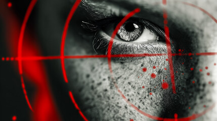 Concept of an eye and red targeting lines symbolizing surveillance and risk warning