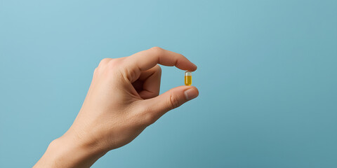 A Pill of wellness: A close-up view of a hand carefully holding a single vitamin capsule, illustrating health, wellness, and self-care in a concise manner.