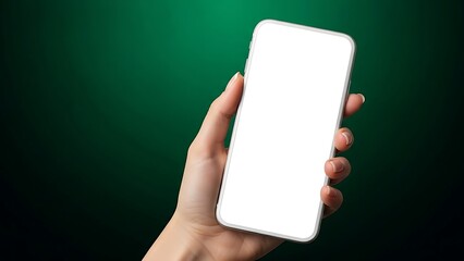 Hand holding white smartphone with blank screen against green background.