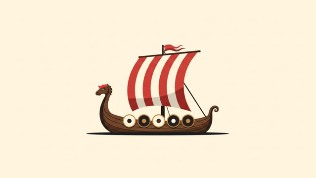 Viking longship with red and white striped sail historical Scandinavian boat illustration for advent