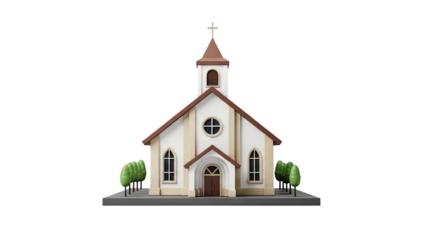 3D Cartoon Church with Cross and Trees on transparent background
