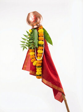 traditional gudi padwa symbol with matte copper kalash swastik and festive garlands isolated on white background