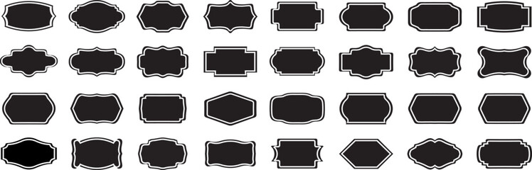 Black and white decorative label silhouettes, vintage frame shapes, retro outline badge, ornate geometric borders, empty tag design graphics, shield elegant royal crest emblem, retro sticker.