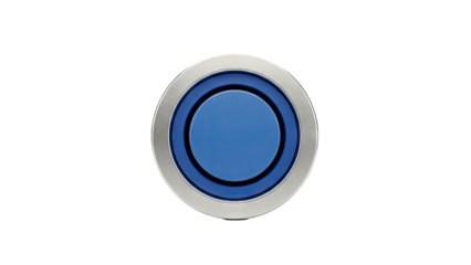 3D Circular blue button with a metallic bezel on transparent background