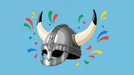 Viking helmet with horns and confetti medieval warrior symbol isolated on blue background