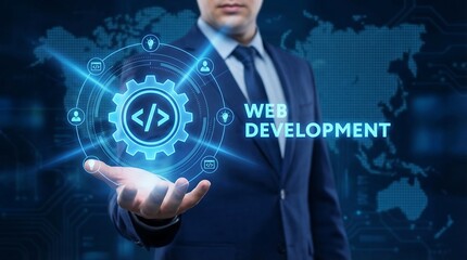 Web Development: Programmer Hands Virtual Gear Icon with Code Symbol, Representing Digital Creation and Technology Advancement