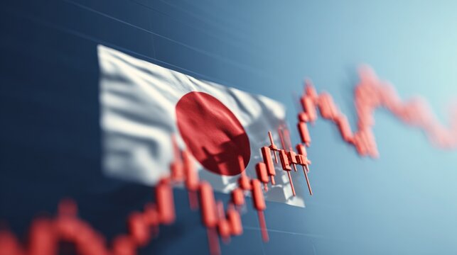 Japanese Flag Against Background of Financial Graphs Illustrating Market Fluctuations and Economic Changes