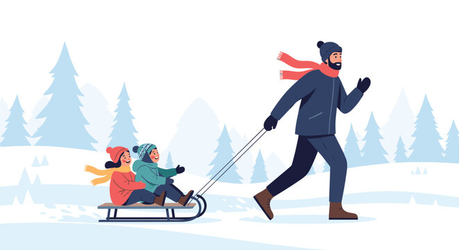 A happy father in winter clothes pulls his two smiling children on a sled through a snowy forest landscape.