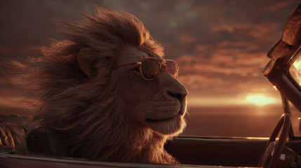 Cinematic lion wearing sunglasses driving a vehicle during sunset, with detailed fur texture, stylish eyewear, and warm atmospheric lighting