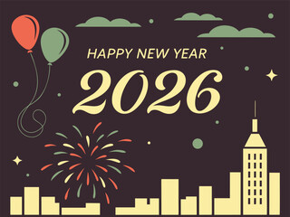 Happy New Year 2026 Celebration Banner Design with Fireworks, Gold Text and Festive Background
