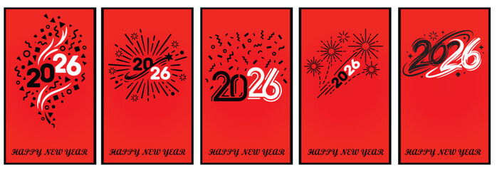 New Year 2026 vector card collection featuring abstract stars dashes swirls graphic patterns, invitation, poster, banner, print, card, cards