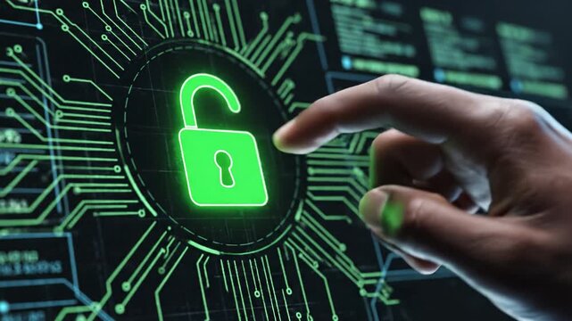 Cybersecurity digital technology security unlock finger hand circuit interface protection glowing lock icon futuristic interface symbolizing data protection cybersecurity awareness access touch