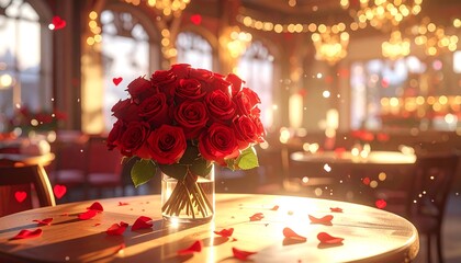 A romantic restaurant scene features a table with a bouquet of red roses, bathed in warm sunlight and surrounded by floating hearts