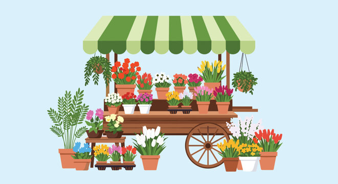 A vibrant and charming illustration of a flower market stall on a wooden cart, overflowing with a variety of colorful potted flowers under a striped awning.