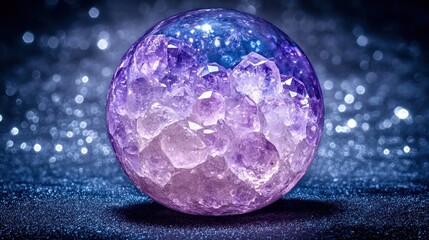 A gleaming sphere crafted from polished amethyst crystal with faceted protrusions creating a textured surface of purple and blue hues on a sparkling dark background