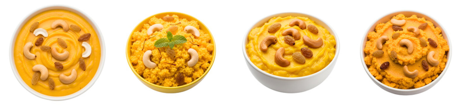 Four bowls of sweet indian dish with cashews and raisins arranged in a horizontal line display on transparent background