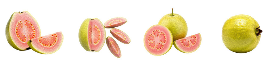 Set of Fresh Pink Guava Fruits and Red-Fleshed Slices, Oil Paint Style, Isolated on Transparent Background, PNG