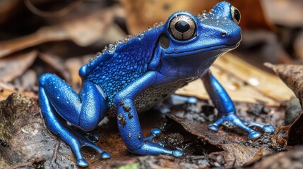 A vibrant electric blue poison dart frog with iridescent skin rests on a bed of fallen leaves in its natural habitat