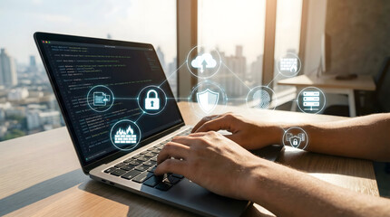Software,developer,working,on,laptop,with,advanced,cybersecurity,and,cloud,data,protection,interface,showing,encryption,and,firewall,icons,for,secure,network,infrastructure,and,privacy