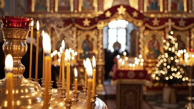 Warmly lit Orthodox Christmas church service with candlelight, featuring a Christmas tree in a richly decorated Eastern Orthodox church interior during a night service.
