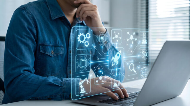 Visionary,entrepreneur,thinking,about,startup,innovation,and,business,growth,using,laptop,with,futuristic,holographic,rocket,and,technology,icons,for,successful,project,launch,and,development