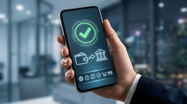 Person,holding,smartphone,showing,successful,mobile,bank,transfer,confirmation,with,digital,wallet,and,banking,icons,representing,secure,and,fast,online,financial,payment,transaction,process