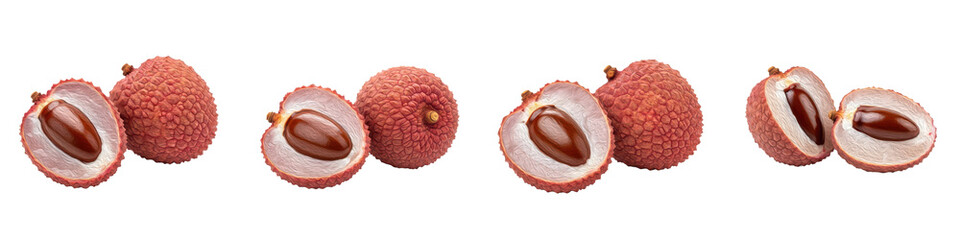 Set of Fresh Lychees and Halved Fruit with Seeds, Oil Paint Style, Isolated on Transparent Background, PNG