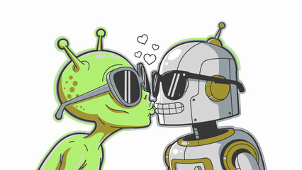 Obraz premium Two cartoon aliens wearing sunglasses and kissing.