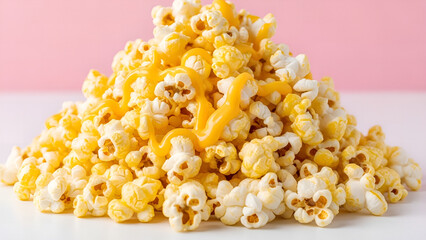 Main Subject: A large, centered mound of freshly popped buttered popcorn.