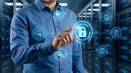 IT,specialist,touching,digital,lock,icon,on,virtual,screen,in,server,room,concept,of,cyber,security,data,protection,network,safety,and,privacy,in,cloud,computing,infrastructure,storage