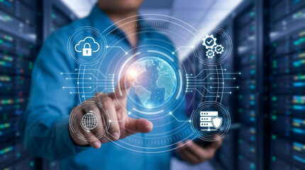 Professional,touching,virtual,global,network,with,cloud,and,security,icons,in,data,center,concept,of,worldwide,connectivity,digital,transformation,and,secure,cloud,computing,service