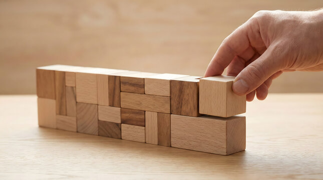 Hand,arranging,wooden,blocks,in,a,row,representing,business,growth,building,strategy,stability,and,structural,foundation,concept,for,teamwork,leadership,and,project,development,success