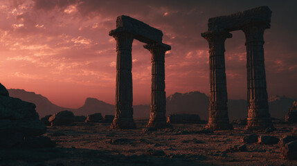 Fototapeta premium Cinematic shot of ancient greek ruins with tall, weathered stone columns in a desert landscape at sunset, vibrant pink and orange sky