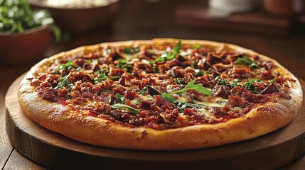 Close up of delicious Italian pizza with cheese and fresh toppings