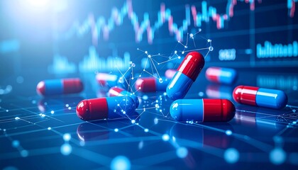 Several pills with red and blue capsules are arranged on a grid, overlaid with a digital graph of market trends