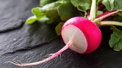 Close Up of Single Vibrant Organic Radish on Dark Slate Surface