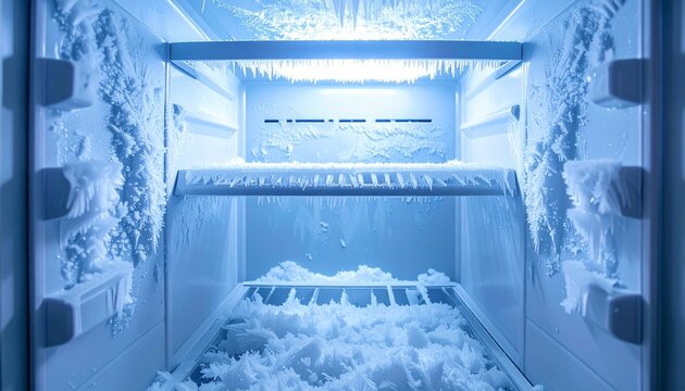 Frost-covered empty freezer with ice crystals