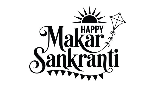 Happy Makar Sankranti elegant black typography with sun and kite elements isolated on white background for Indian harvest festival greeting design