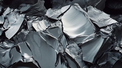Close up view of shattered obsidian shards with reflective surfaces