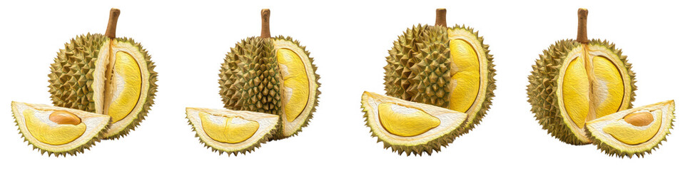 Fototapeta premium Set of Whole Durian Fruits and Fresh Yellow Segments, Oil Paint Style, Isolated on Transparent Background, PNG