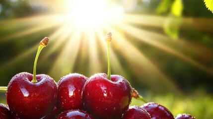 Closeup of ripe cherries with sunlight in a blurred background