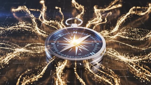 Compass with glowing golden particles and bright light, metallic round navigation tool symbolizing direction and travel, featuring dynamic sparks and futuristic design for exploration guidance
