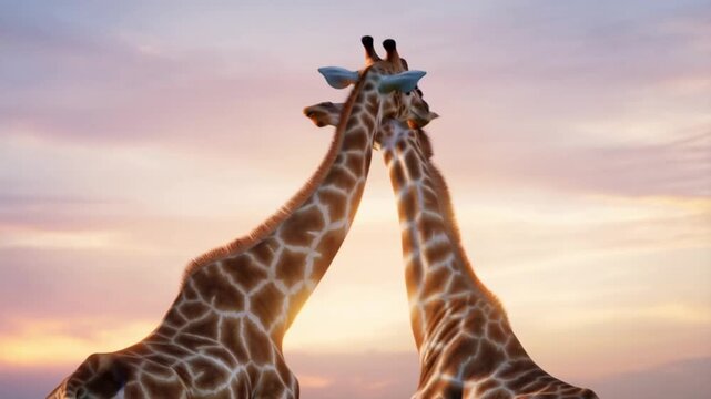 Two giraffes with necks intertwined in a heart-like silhouette against a pastel sunset sky, the concept of poetic love and gentle grace