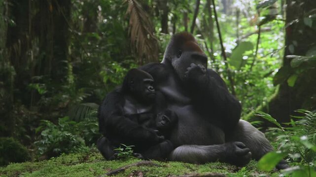 Silverback gorilla embracing a female in the dense green rainforest with soft diffused light, the concept of security, family and gentle power