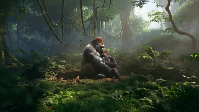 Silverback gorilla embracing a female in the dense green rainforest with soft diffused light, the concept of security, family and gentle power