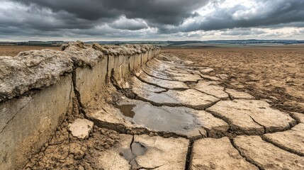 Cracked concrete remnant from a former guard post under a cloudy sky