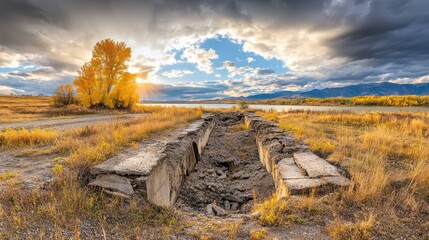 Cracked concrete structure revealing erosion and pressure from water